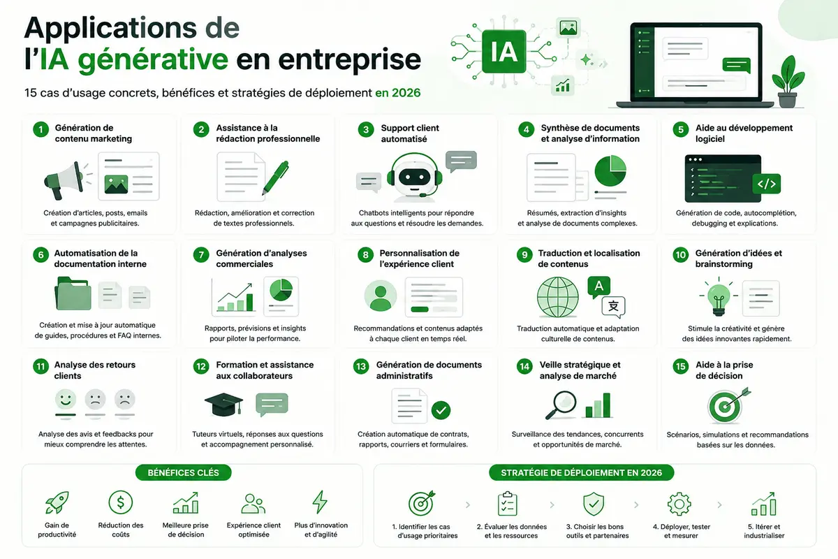 15 applications concrètes de l'IA générative en entreprise : génération de contenu, support client, analyse documentaire et développement logiciel