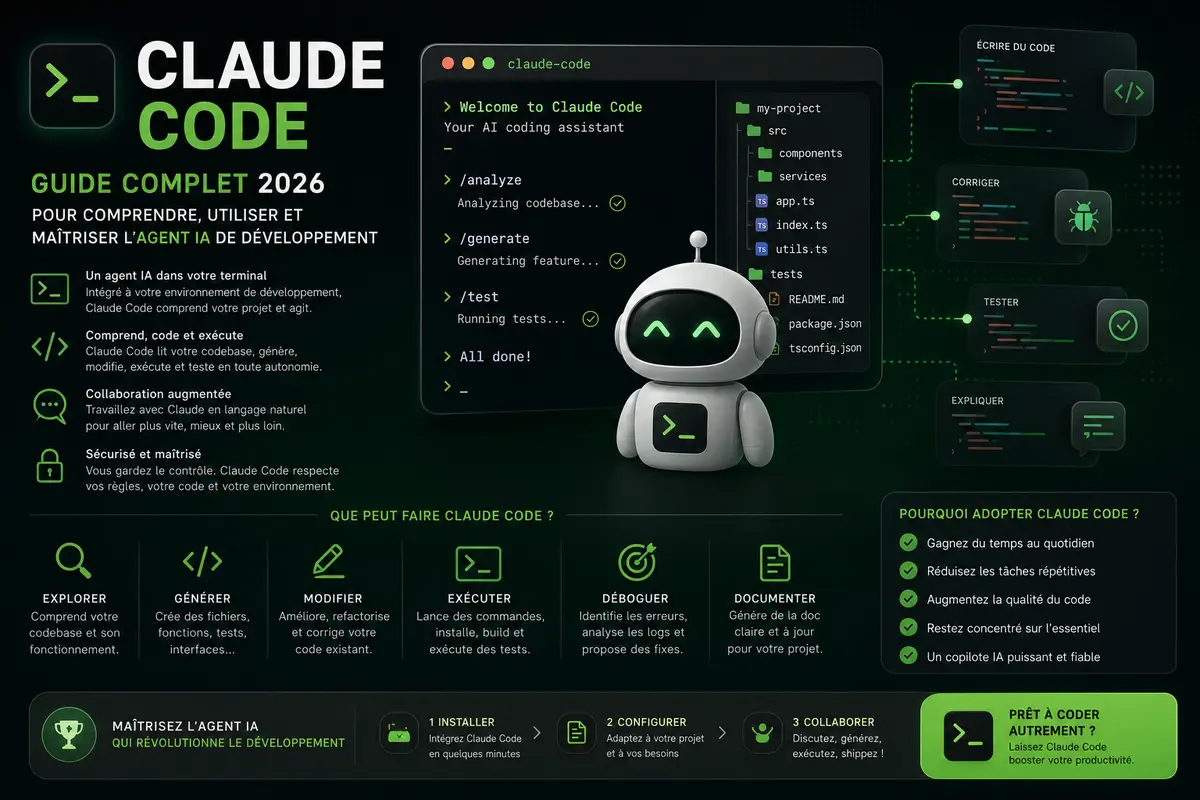Claude Code, agent IA de développement d'Anthropic — agentic coding, automatisation et productivité développeurs en 2026
