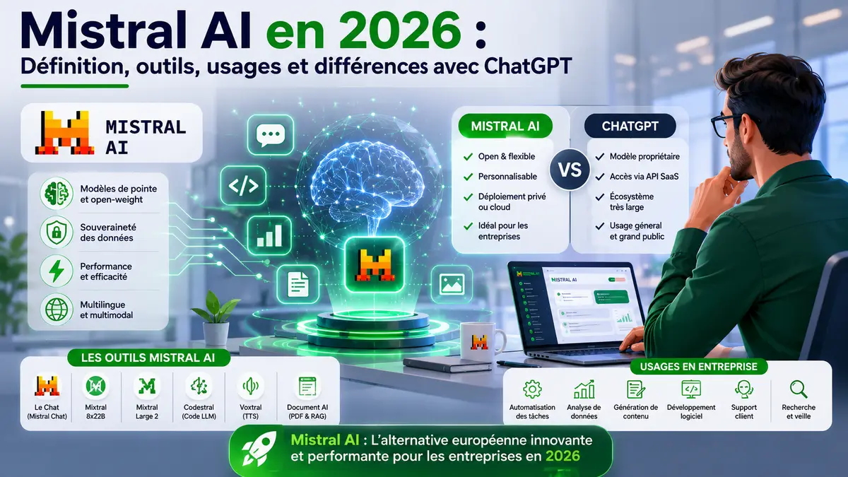 Mistral AI : modèles Mistral Large, Mixtral et Voxtral — l'IA générative européenne open-weight en 2026