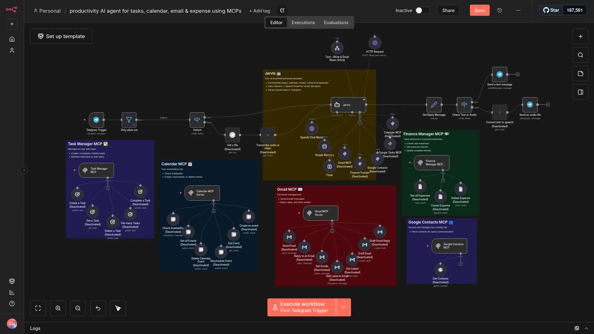 Interface n8n — construction d'un workflow IA avec agent autonome