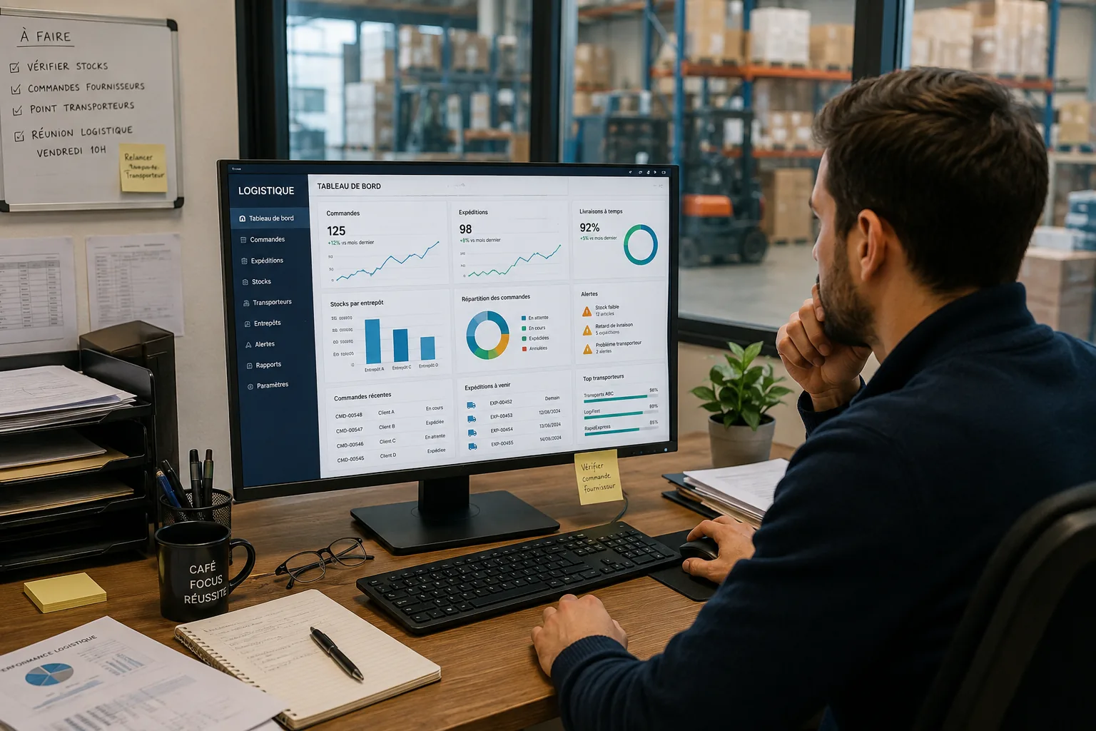 Employé logistique concentré sur les alertes IA essentielles