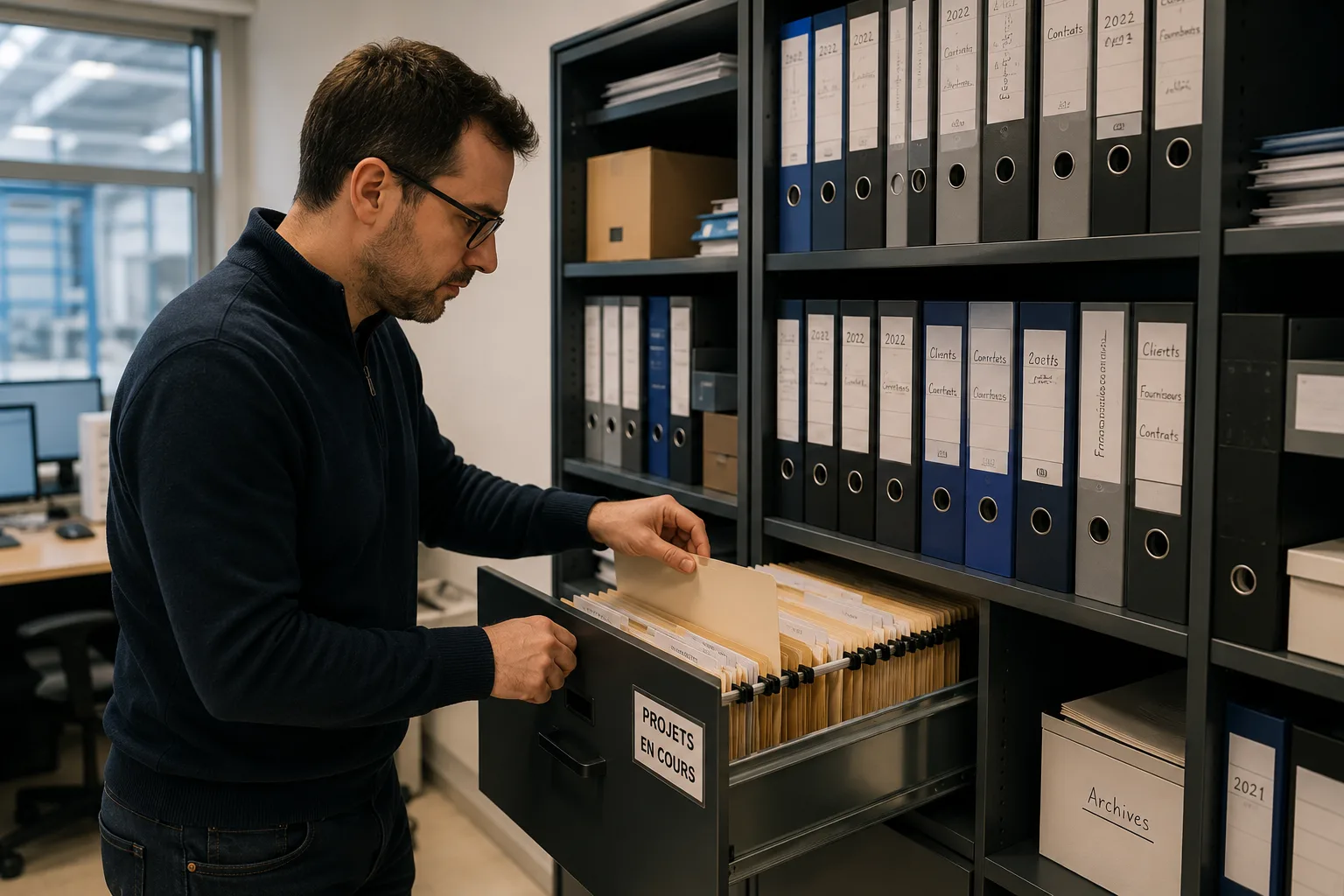 Collaborateur cherchant une information dans des dossiers