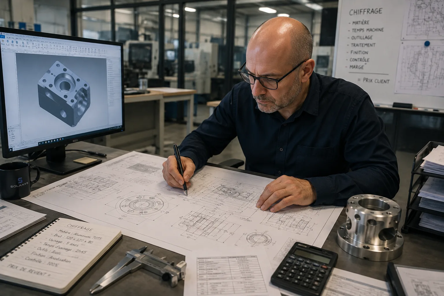 Deviseur travaillant manuellement sur des plans d'usinage